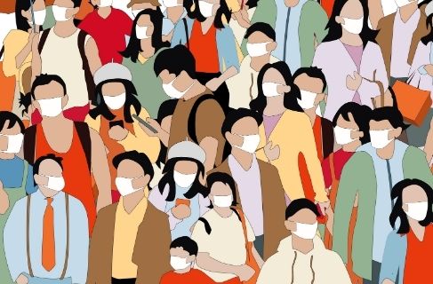 illustration of crowd of people wearing masks